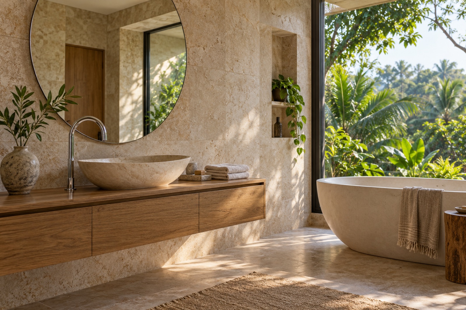 Daylight falling across a limestone bathroom with a timber vanity and garden view