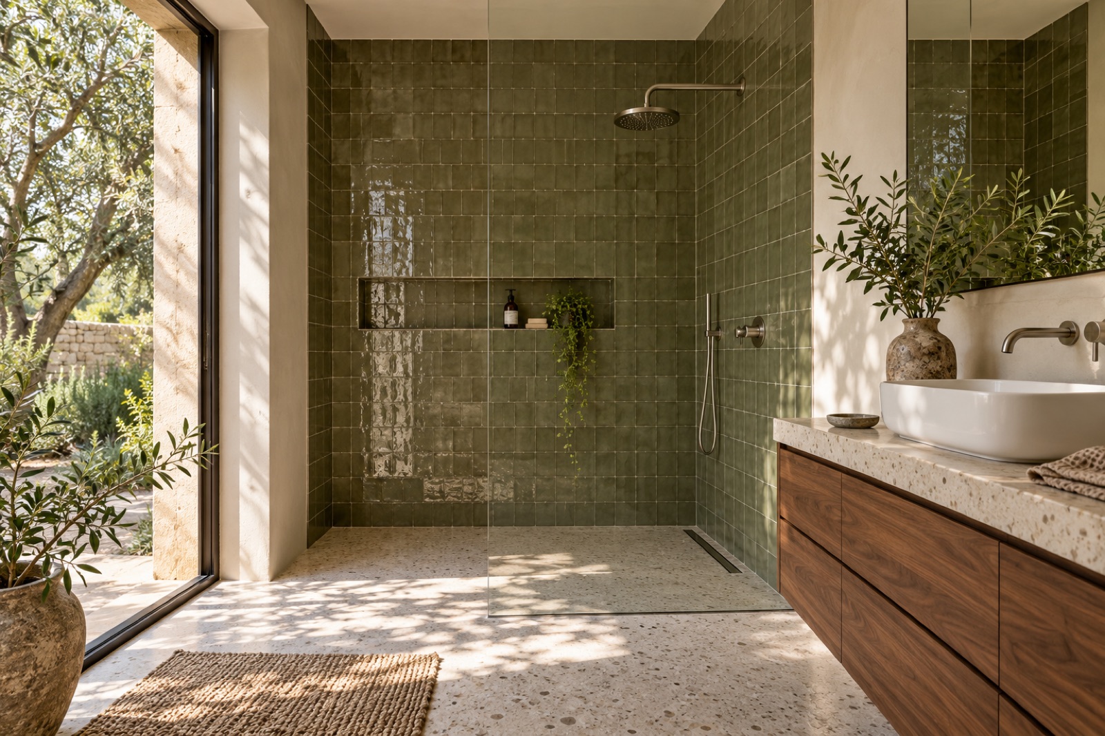 Garden-lit bathroom with olive tiles, a walk-in shower and a walnut vanity
