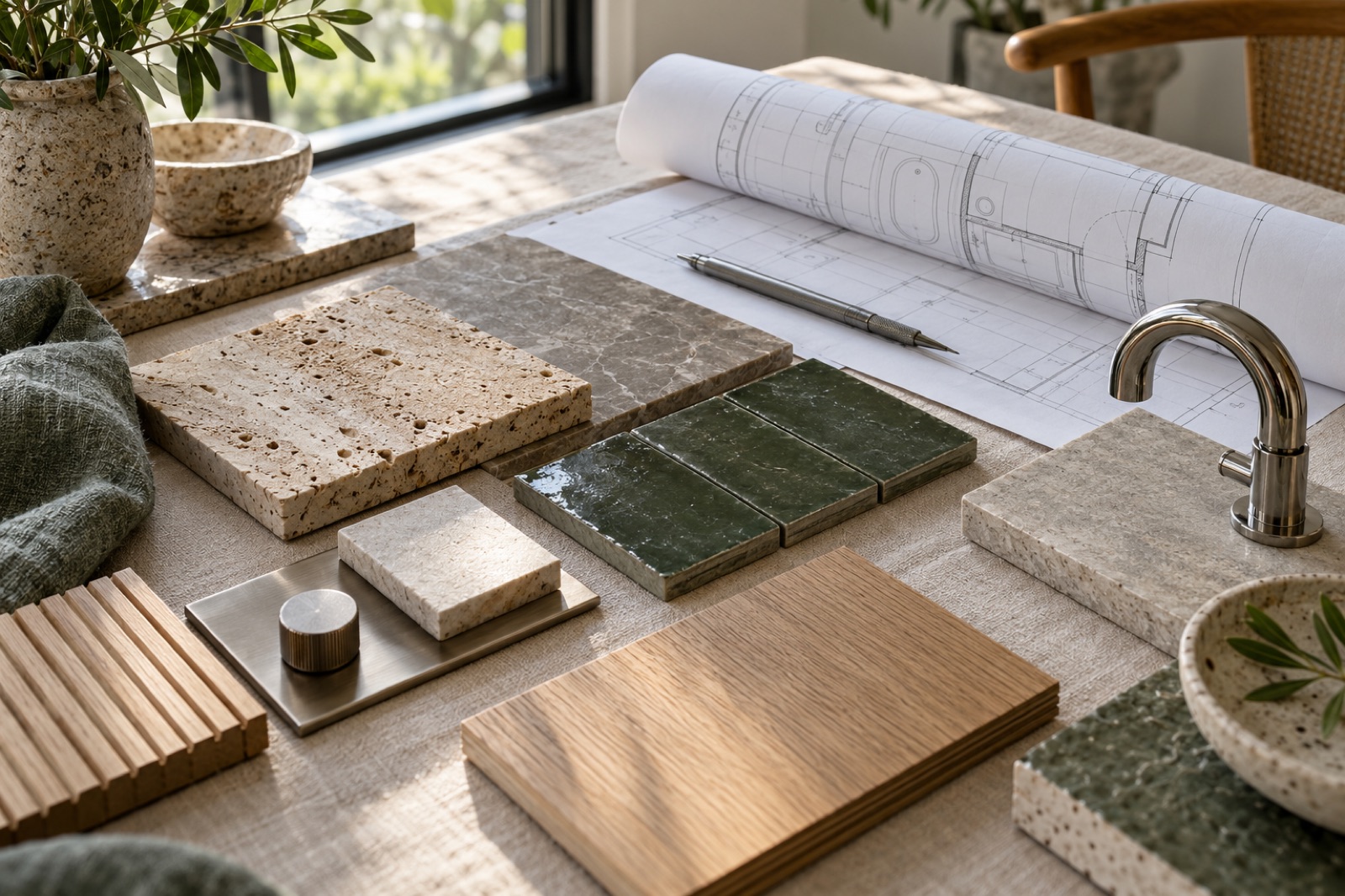 Natural stone, tile, timber and metal samples on an interior designer’s table
